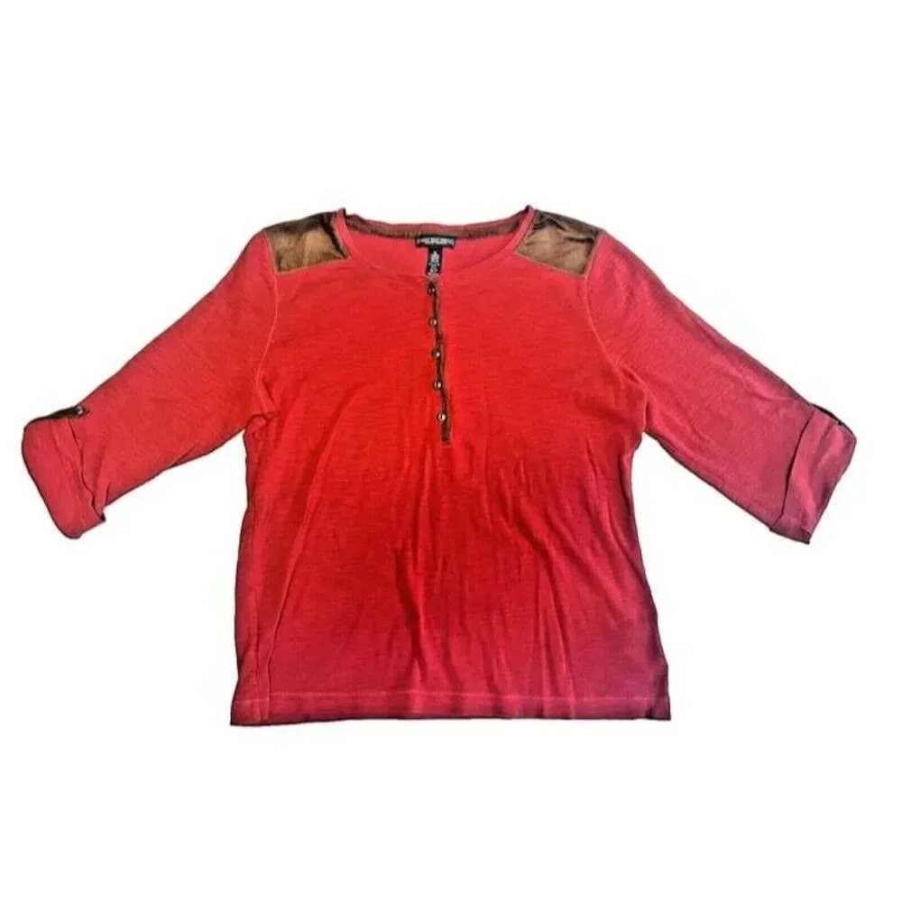 XL Ralph Lauren Red Brown Henley Roll Tab Long Sleeve Shirt Basic Classic Cotton